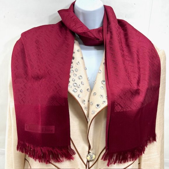 Christian Dior Scarf/Shaw Silk Fringed 64"x 17" Burgendy Dark Red Logo Print (79 - Picture 6 of 11